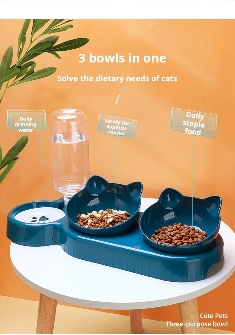 Pet Bowls With Water Feeder, 3 In 1 Ear Design Tilted Cat