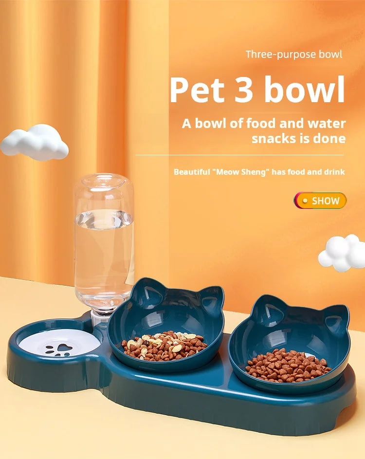 Pet Bowls With Water Feeder, 3 In 1 Ear Design Tilted Cat